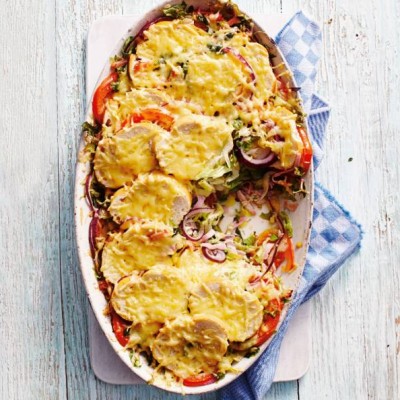 'Oven'heerlijke schotel met andijvie, tomaten, ham & kaas